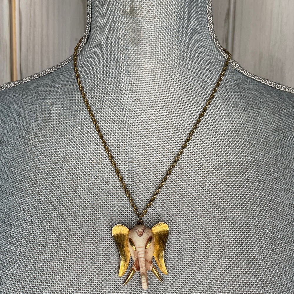 Vintage Signed Luca Razza Elephant Head Necklace Carved Resin Head on Gold Chain